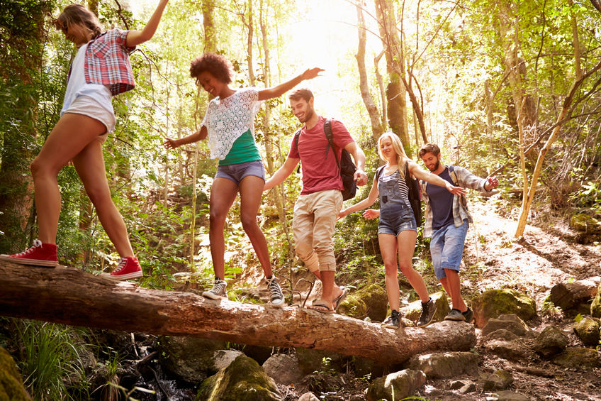 Group Of Friends On Walk Balancing On Tree Trunk In Forest